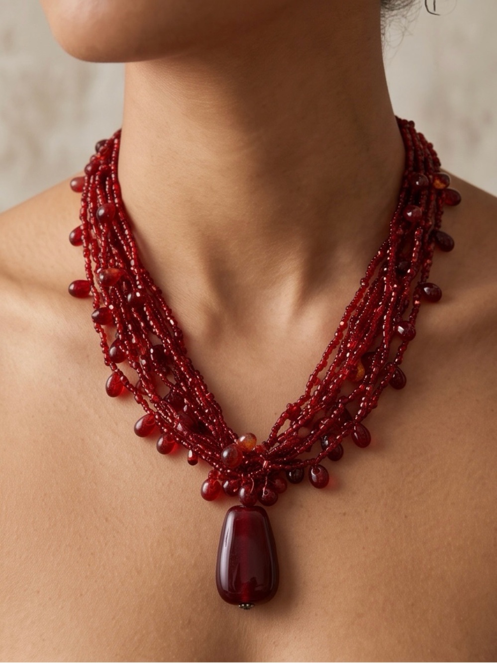 Red Multi-Strand Glass Bead Statement Necklace 18”